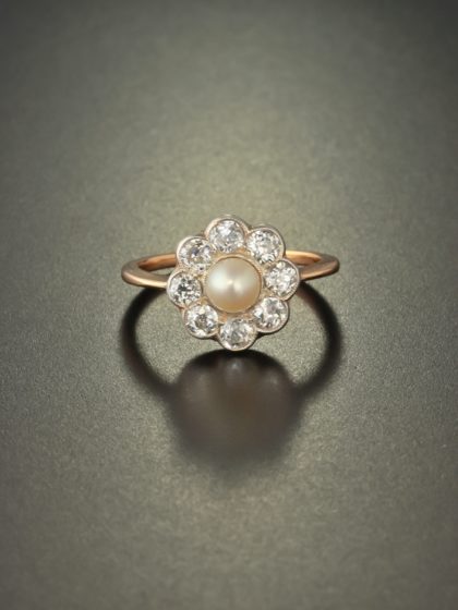 EDWARDIAN SUBLIME NATURAL PEARL AND 1.60 CT DIAMOND ANTIQUE DAISY ...