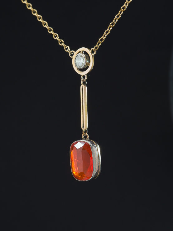 Art Deco Natural Fire Opal and Diamond Fine Pendant Necklace | Antique ...