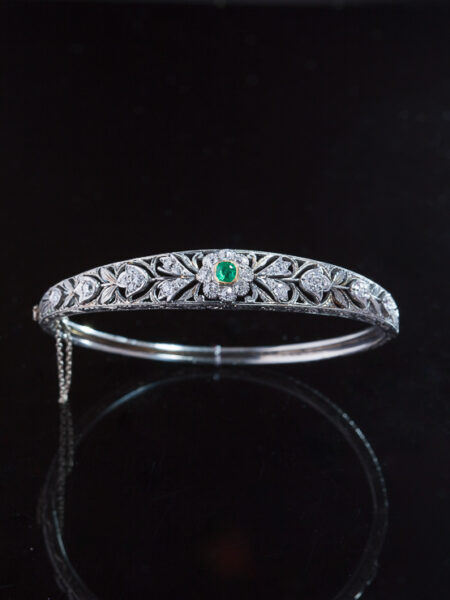 Antique Edwardian Natural Emerald and Diamond White Gold Bangle Bracelet