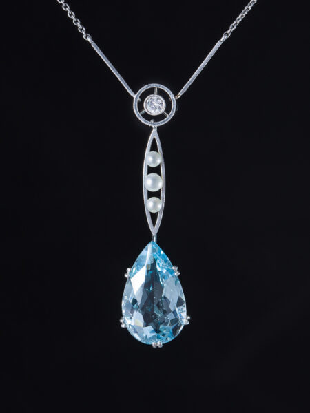 Art Deco Natural Aquamarine Pearl and Diamond Necklace in Platinum