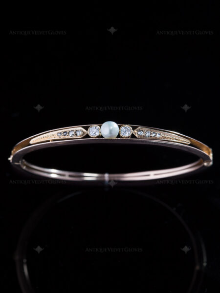 Victorian Natural Pearl And Diamond Gold Bangle Bracelet