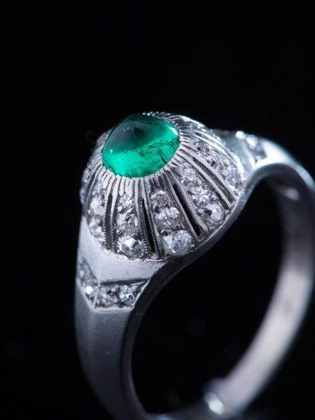 Art Deco Natural Emerald And Diamond Unique Platinum Ring